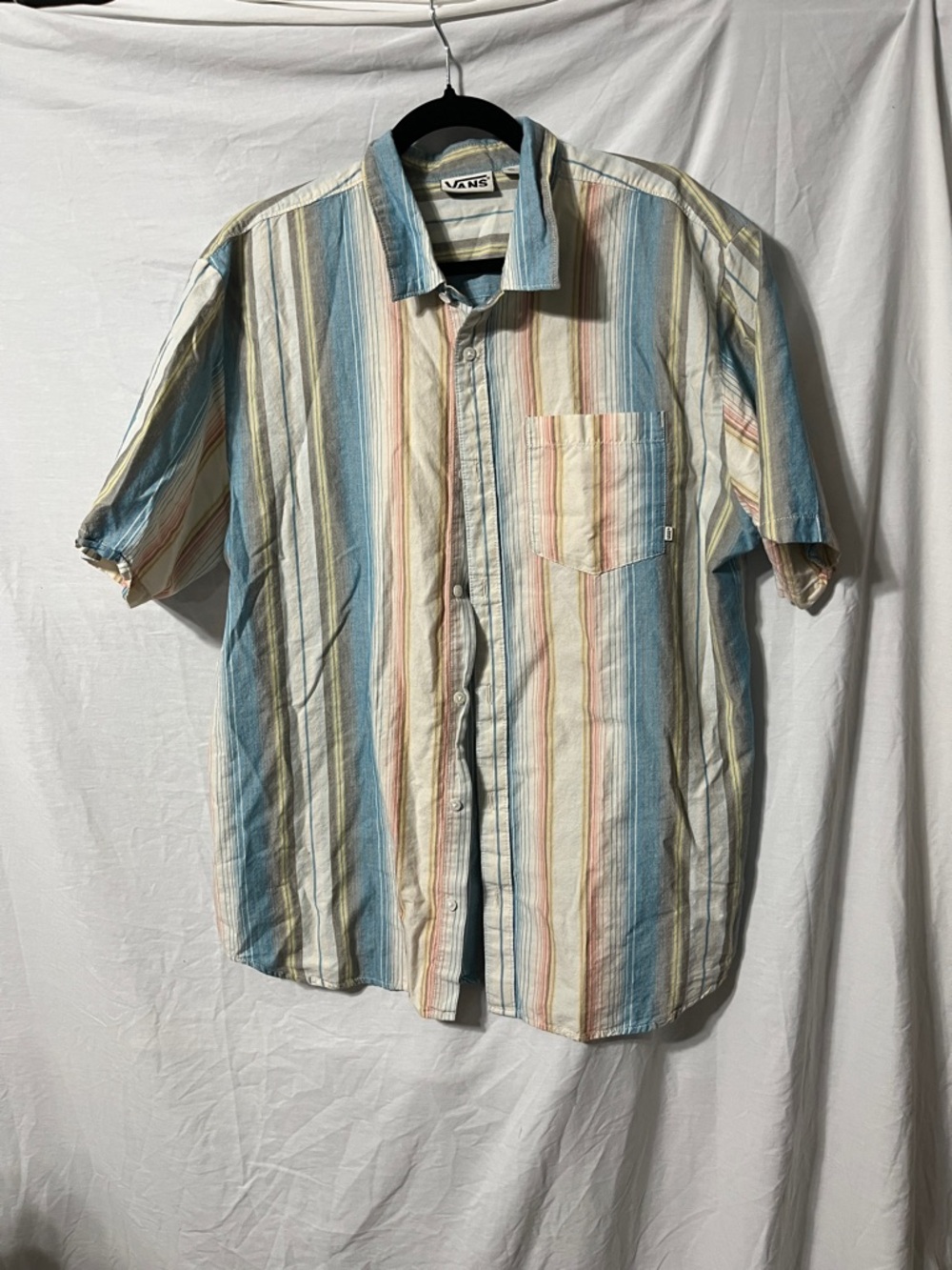 Vans Short Sleeve Button-Up Shirt in Blue, Cream & Tan Stripes